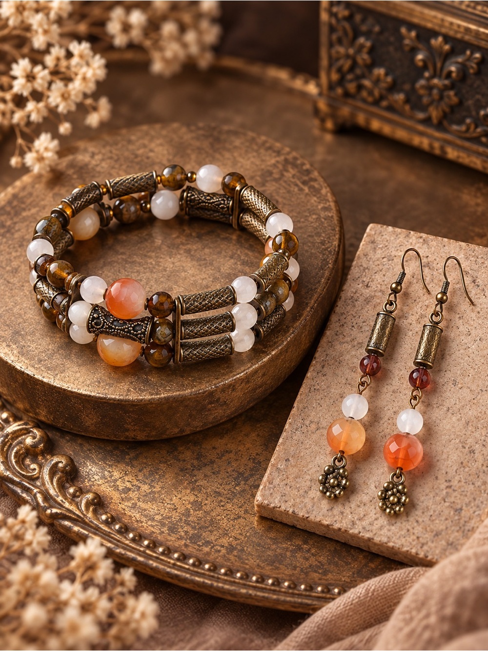 Genuine Dragon Vein Agate Bracelet & Earrings Set – Antique Bronze